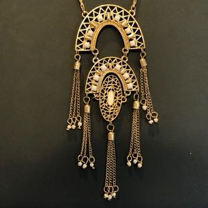 Vintage gold and white stone fringe Boho necklace